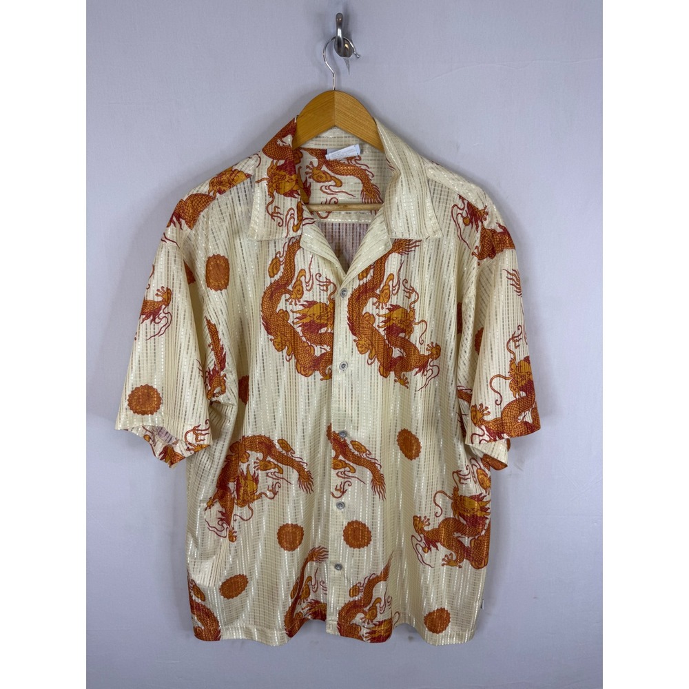 Third Rail Daddy-O Mens Dragon Print Button Up Shirt Cream Orange Large T101 PDG